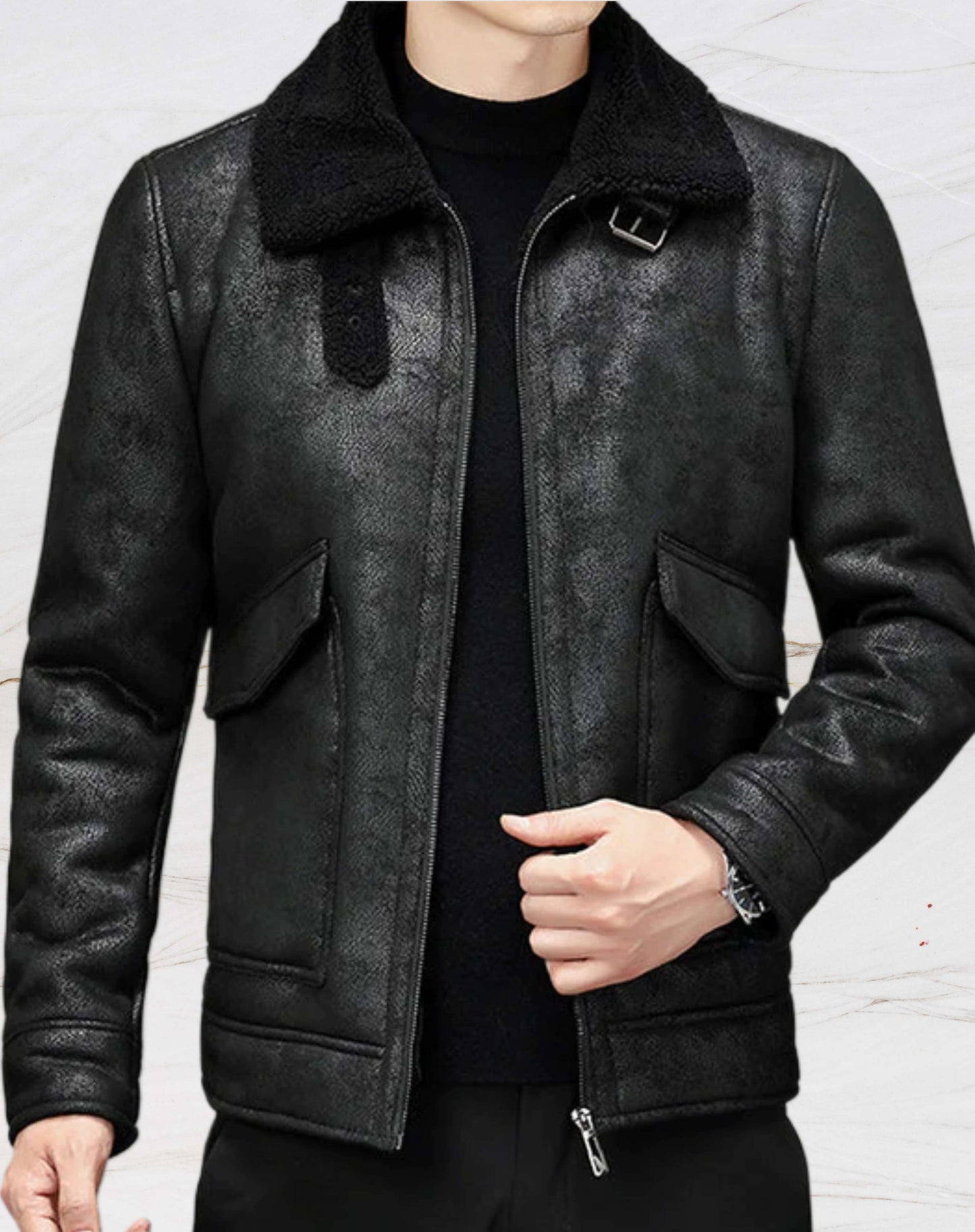 Classic Men's Brown Leather Coat with Fake Fur Lining