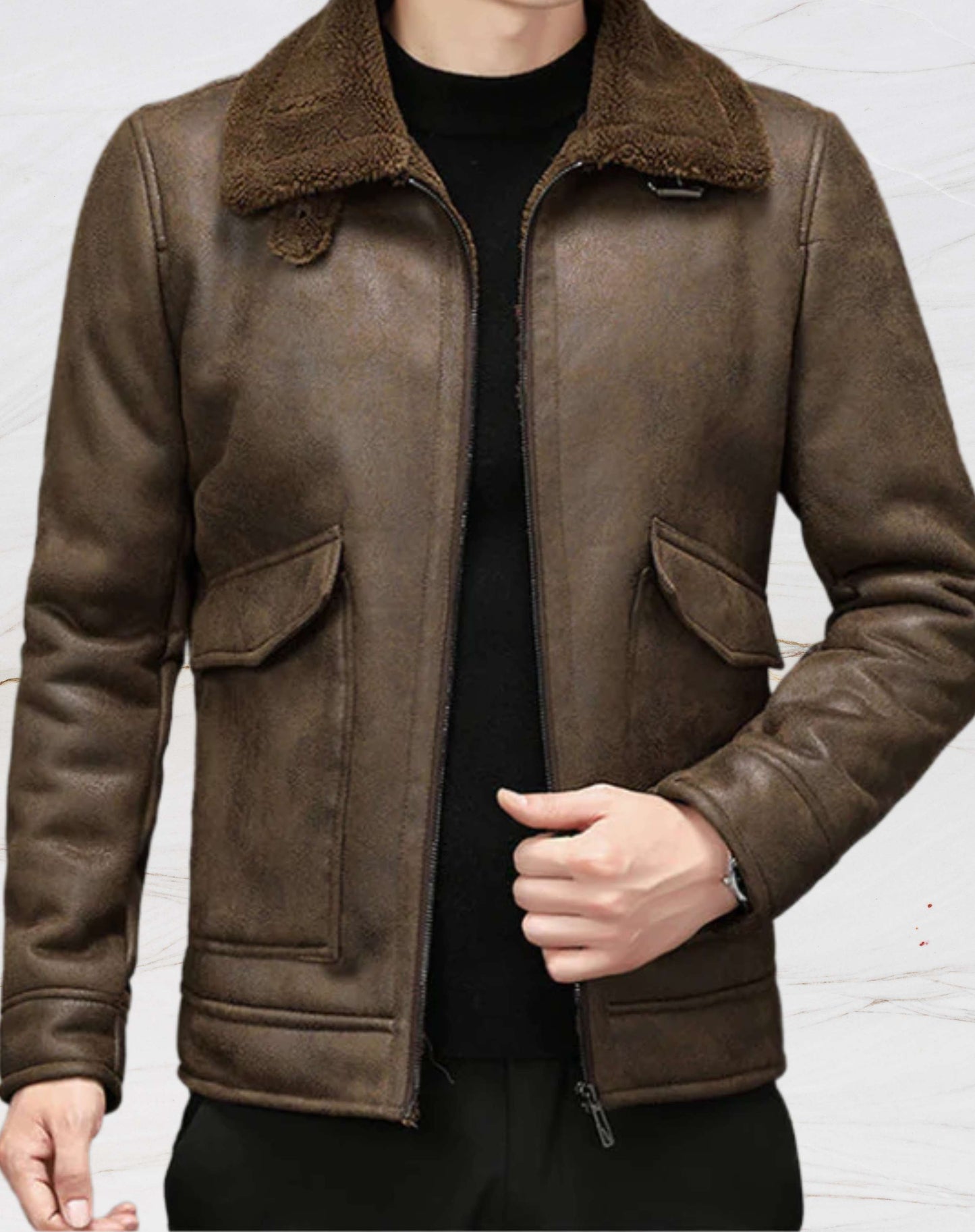 Classic Men's Brown Leather Coat with Fake Fur Lining - BritishElegance