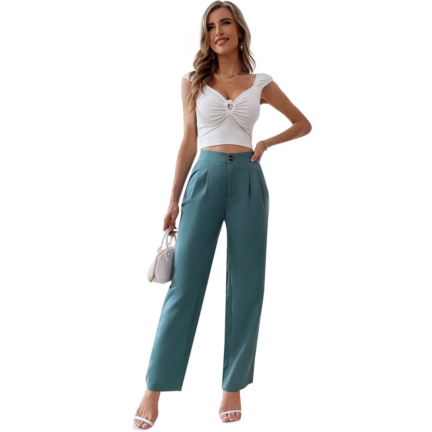 Ladies' Classic Tailored Green Dress Pants with Pockets - BritishElegance