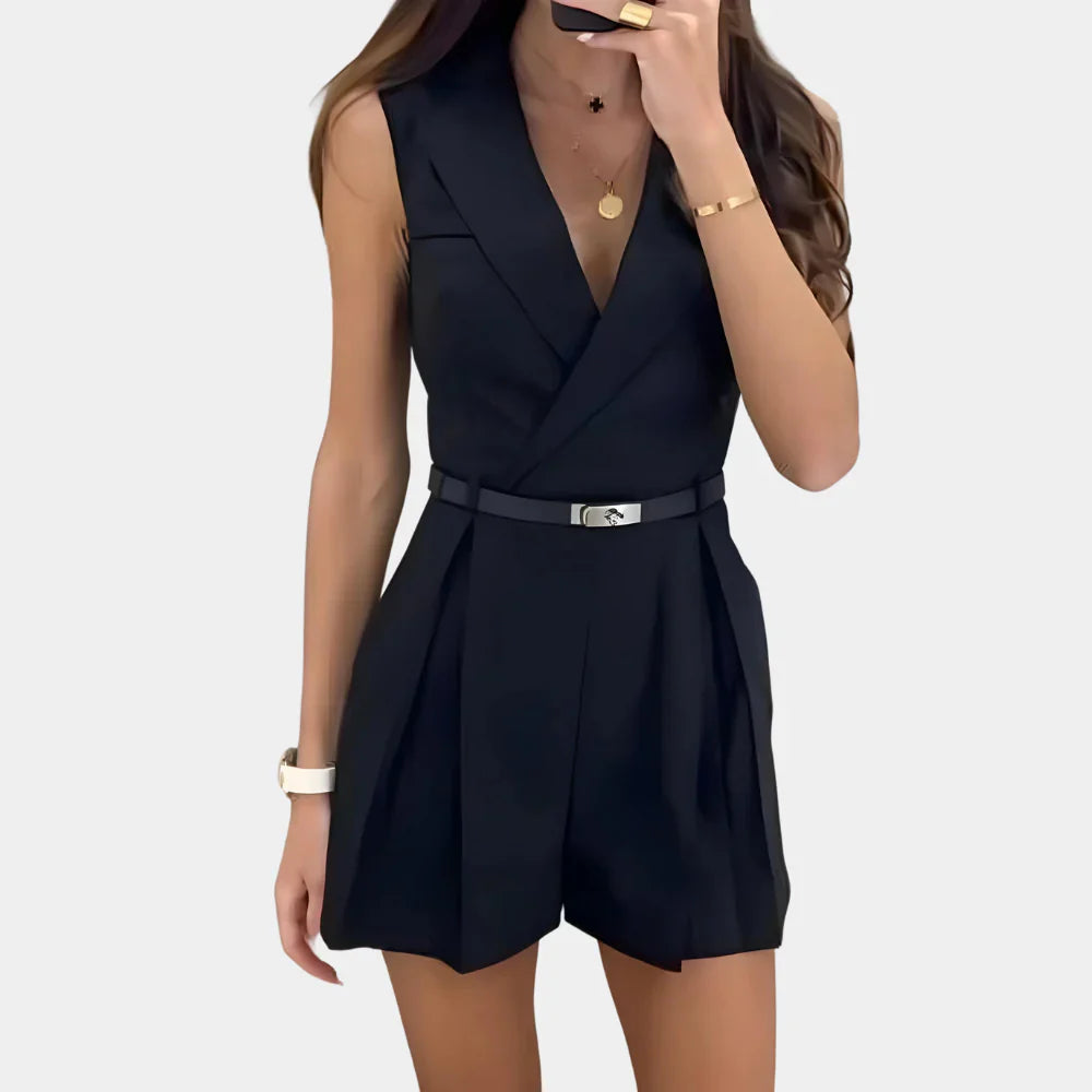 Nabila Romper | Sleeveless Belted Waist V-Neck Romper