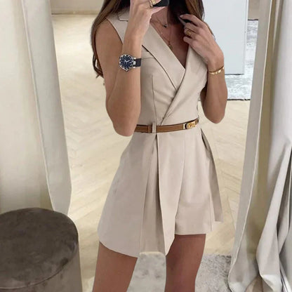 Nabila Romper | Sleeveless Belted Waist V-Neck Romper