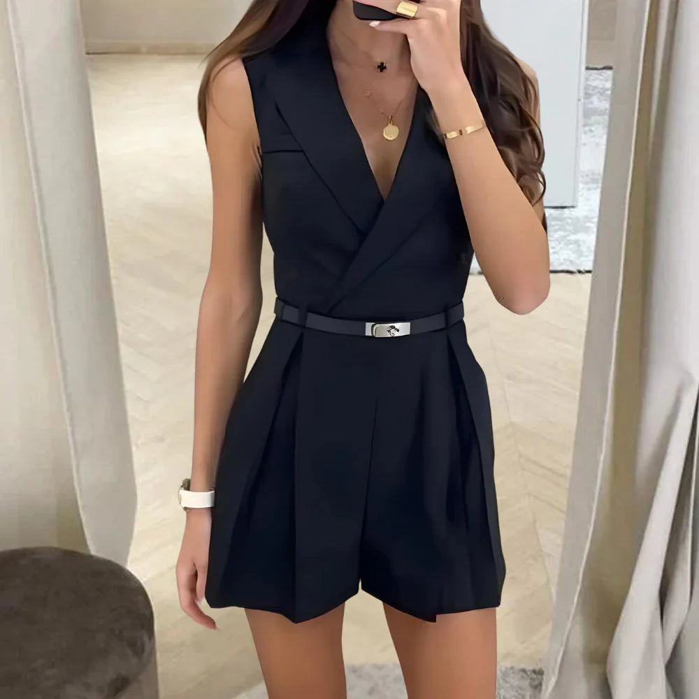 Nabila Romper | Sleeveless Belted Waist V-Neck Romper