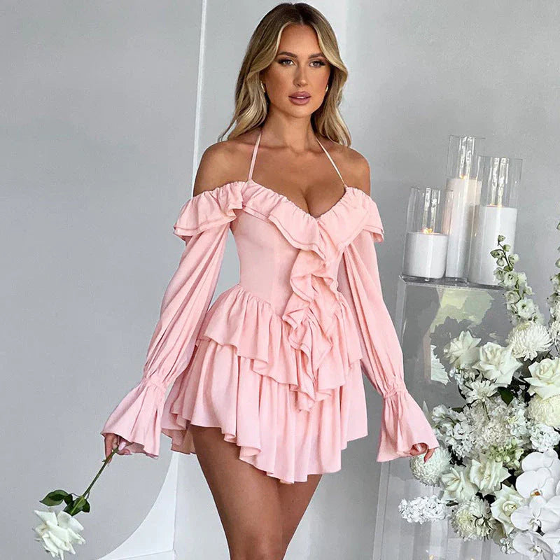 Nariyah Romper | Deep V Ruffle Front Off Shoulder Long Sleeve Romper