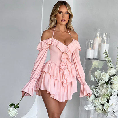 Nariyah Romper | Deep V Ruffle Front Off Shoulder Long Sleeve Romper