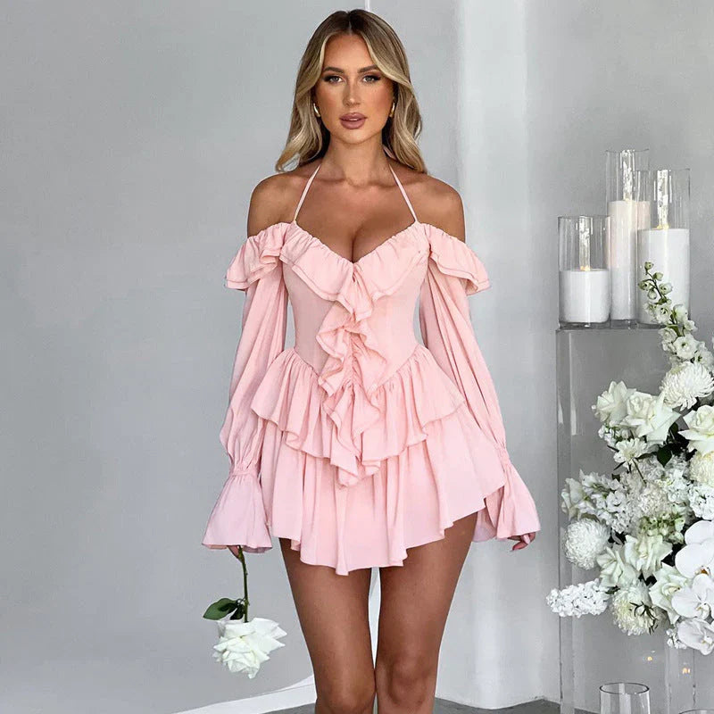 Nariyah Romper | Deep V Ruffle Front Off Shoulder Long Sleeve Romper