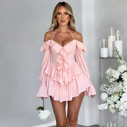 Nariyah Romper | Deep V Ruffle Front Off Shoulder Long Sleeve Romper