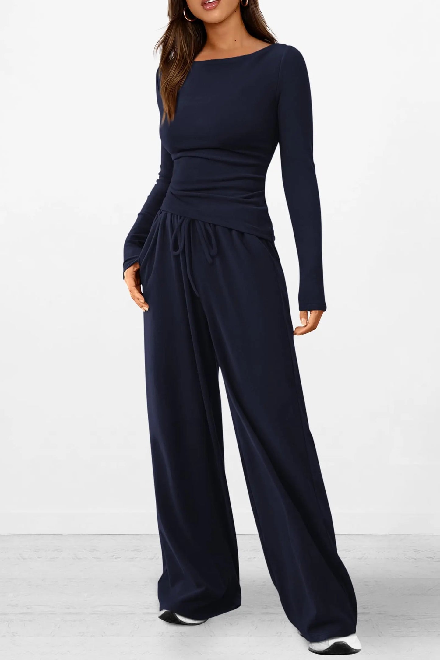 Long Sleeve T-Shirt Wide Leg Pants Casual 2 Piece Sets