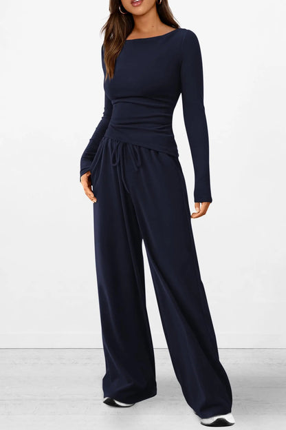 Long Sleeve T-Shirt Wide Leg Pants Casual 2 Piece Sets