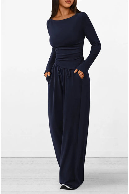Long Sleeve T-Shirt Wide Leg Pants Casual 2 Piece Sets