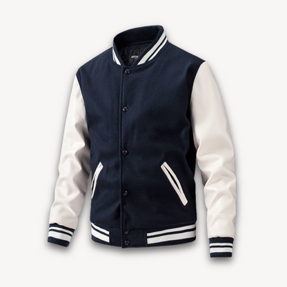 Men's Varsity Jacket - Wool Blend Body with Faux Leather Sleeves - Classic Letterman Style