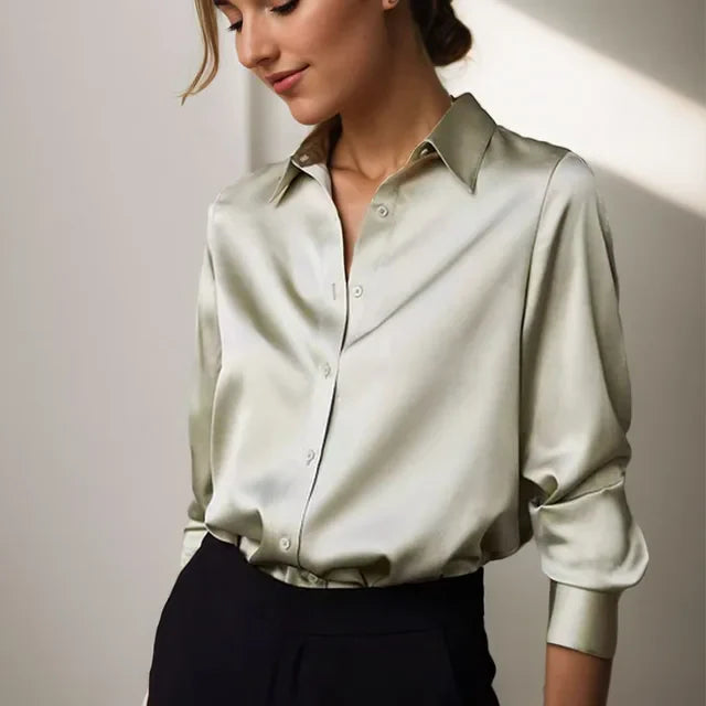 Green Classic Fit Blouse with Silky Finish - BritishElegance