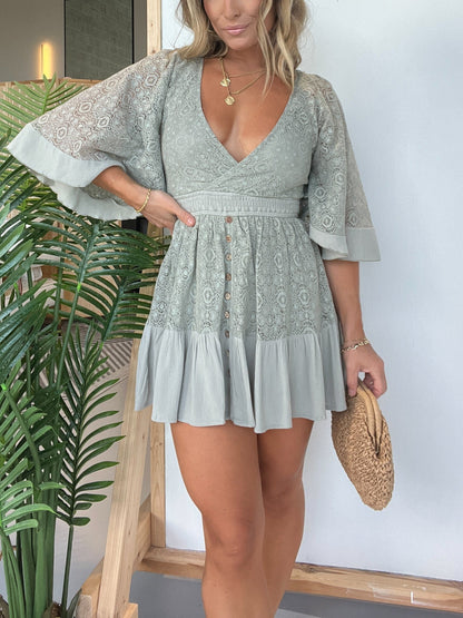 Nismah Romper | Deep V-Neck Flared Sleeves Fitted Waist Lace Romper