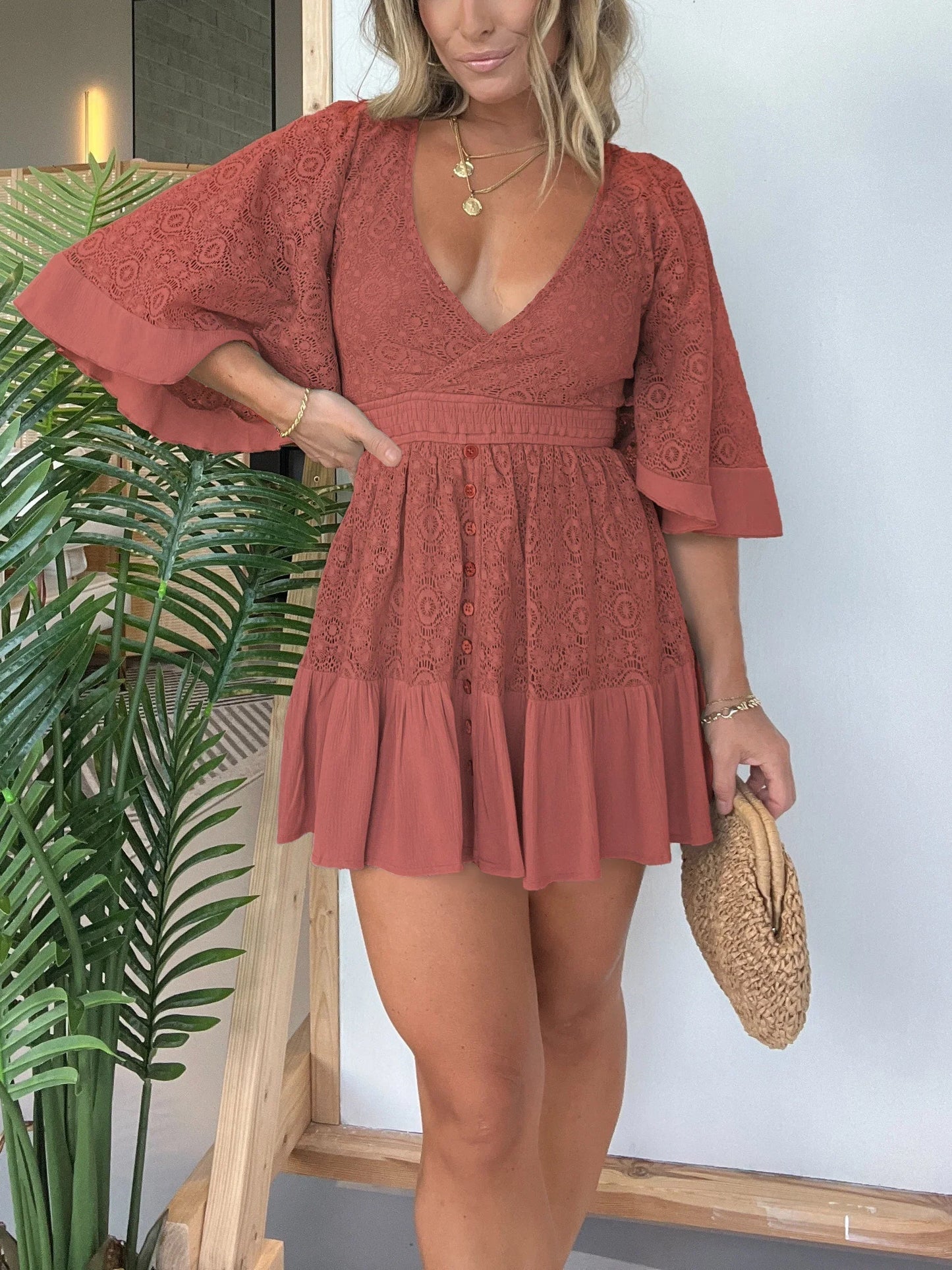 Nismah Romper | Deep V-Neck Flared Sleeves Fitted Waist Lace Romper
