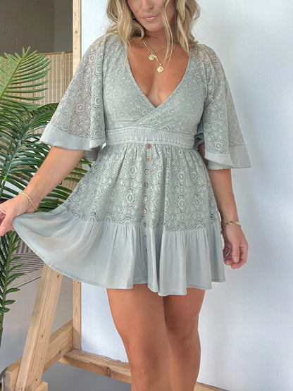 Nismah Romper | Deep V-Neck Flared Sleeves Fitted Waist Lace Romper