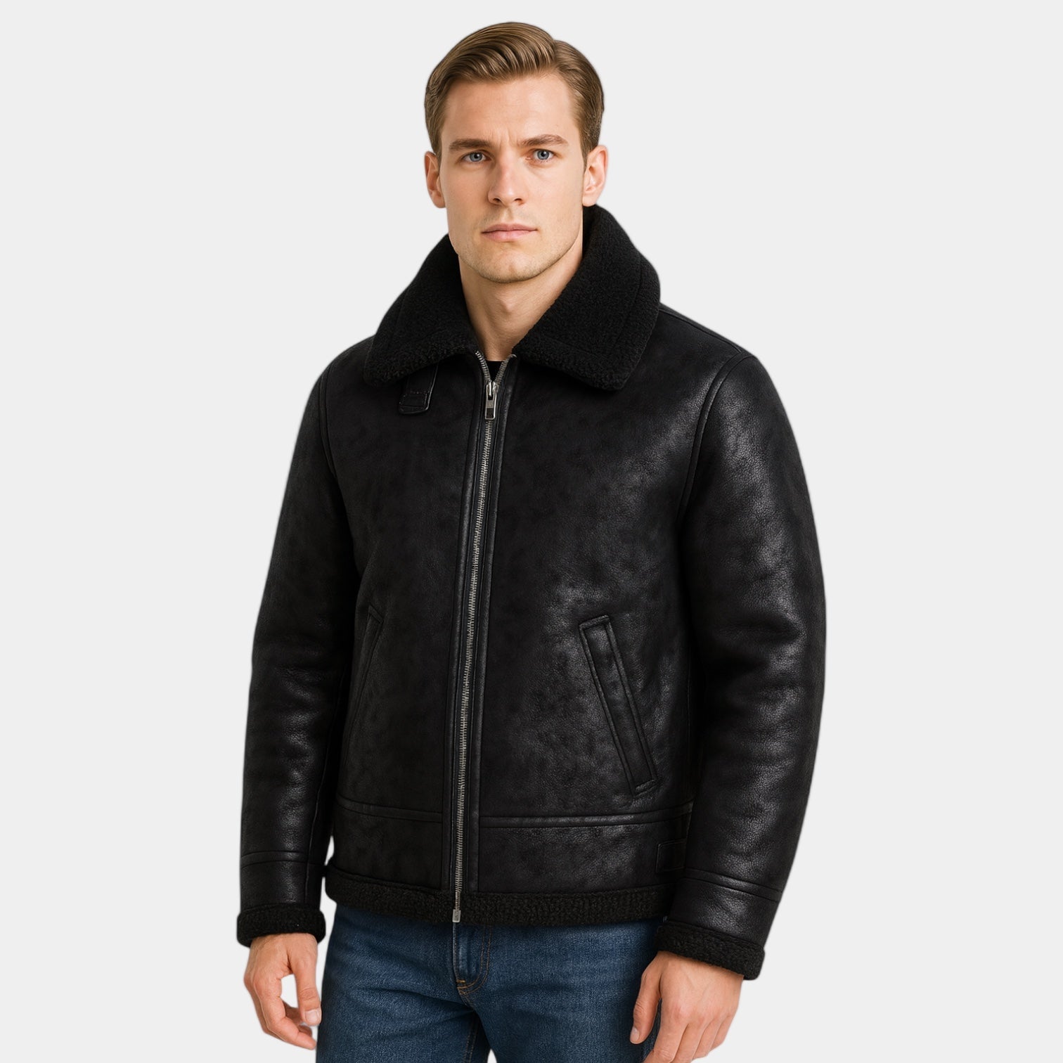 Men's Synthetic Shearling Pilot Jacket - Warm Winter Coat - BritishElegance