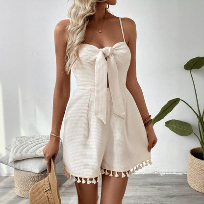 Norleen Romper | Slim Fit Waffle Knit Tie Front Fringe Hem Romper
