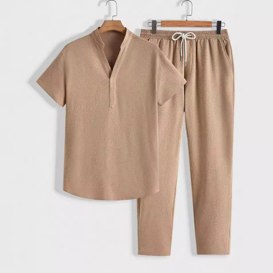 Casual Two Piece Short Sleeve Shirt and Pants Set - BritishElegance