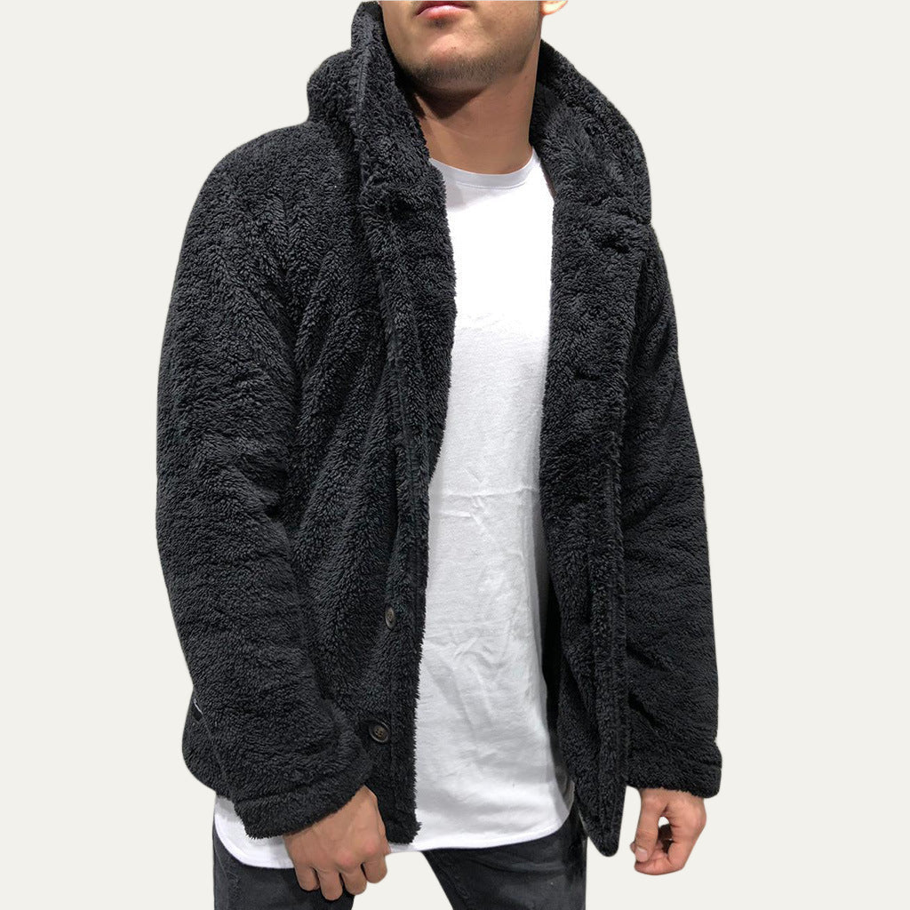Men’s Plush Fleece Hooded Button Jacket
