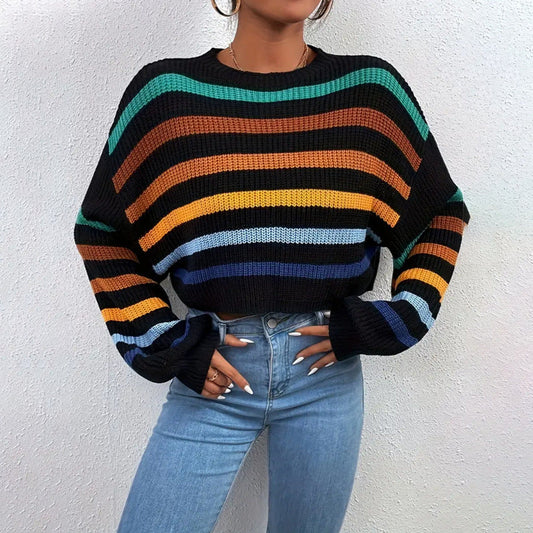 Warm Striped Crew Neck Women's Sweater - BritishElegance