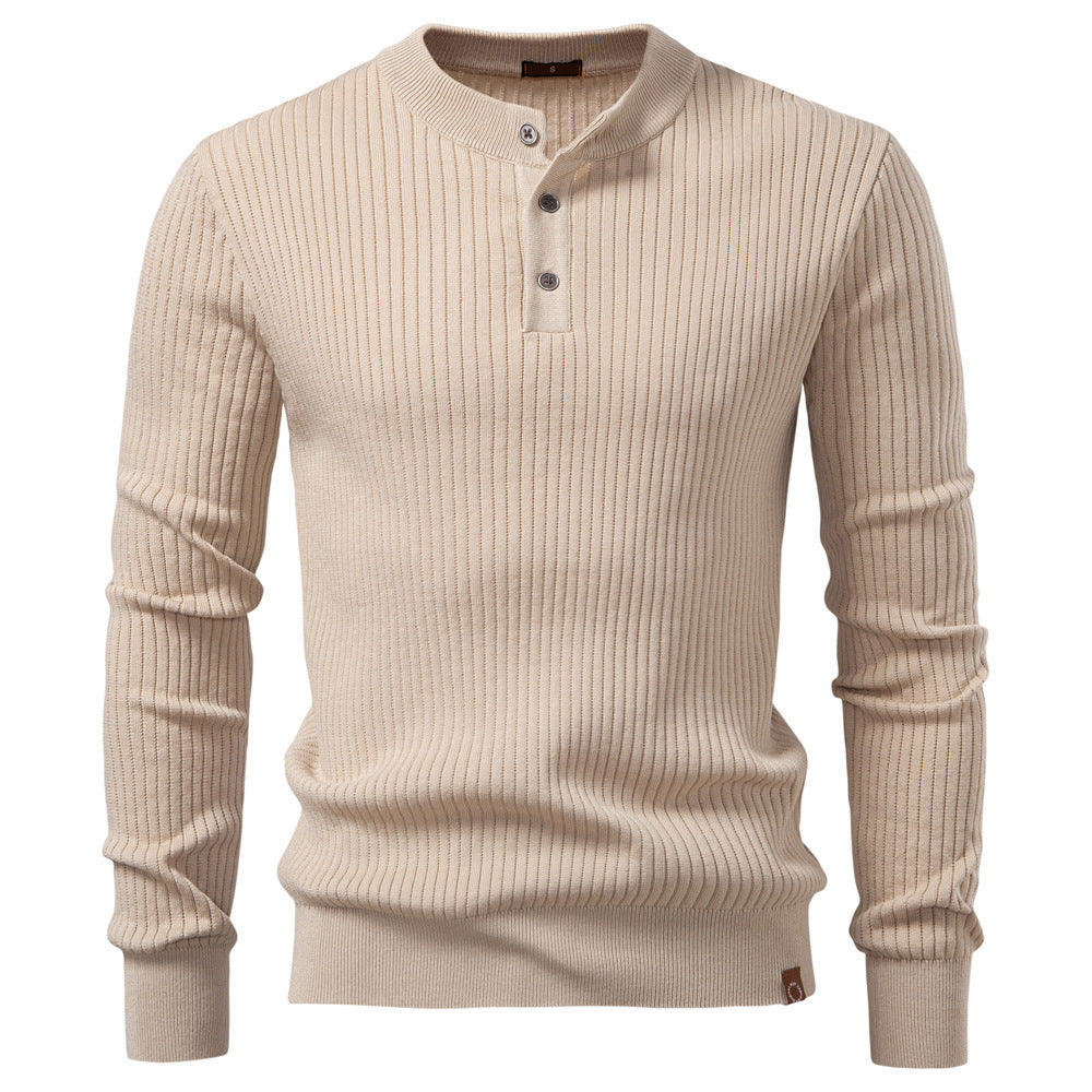 Men’s Ribbed Knit Henley Stand Neck Sweater