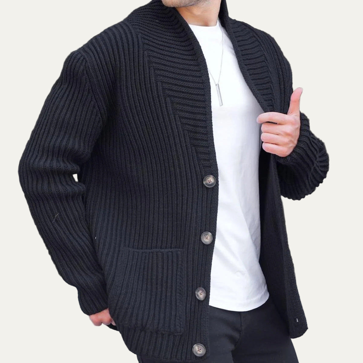 Men’s Chunky Ribbed Deep Neckline Cardigan