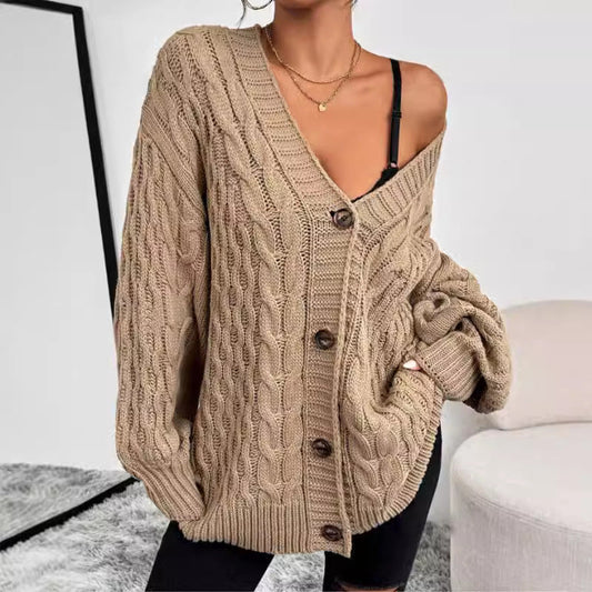 Cozy Women's Large Cable Knit Sweater Cardigan - BritishElegance