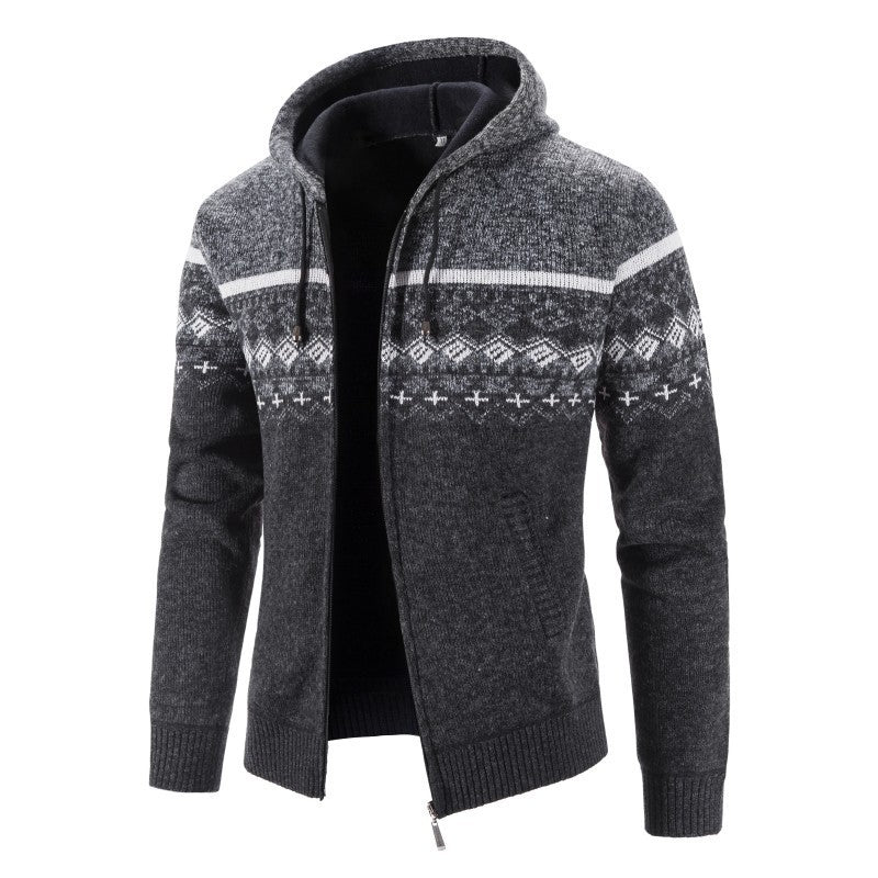 Cevori Hooded Mottled Cardigan with Norwegian Pattern