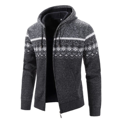 Cevori Hooded Mottled Cardigan with Norwegian Pattern