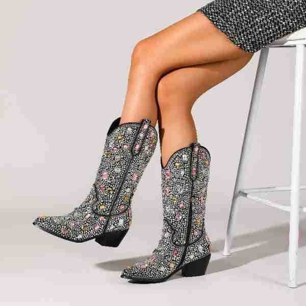 Decorative Mid Calf Western Boots for Women - BritishElegance