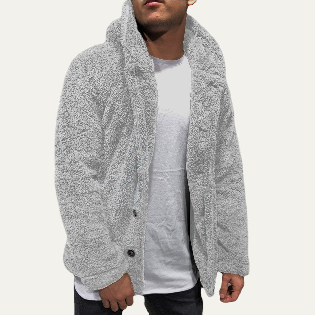Men’s Plush Fleece Hooded Button Jacket