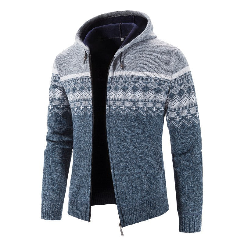 Cevori Hooded Mottled Cardigan with Norwegian Pattern
