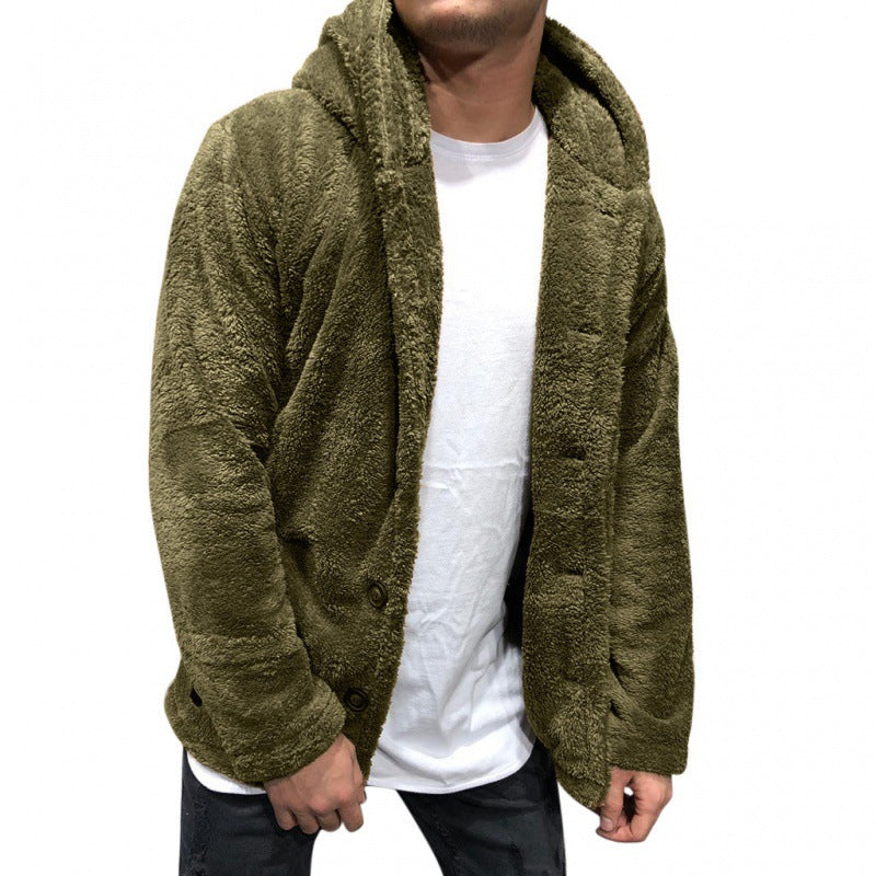 Men’s Hooded Plush Faux Fur Button Jacket