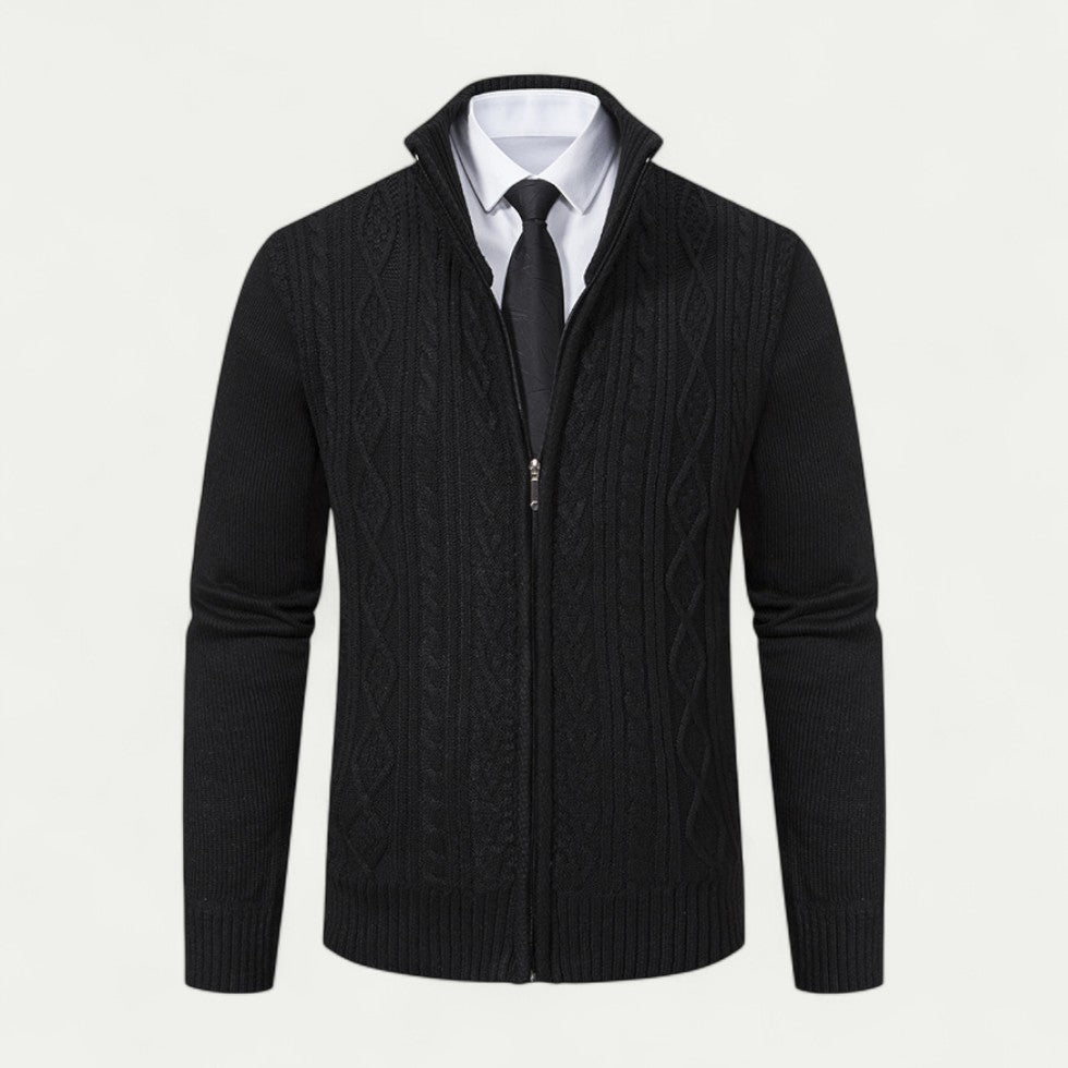 Men’s Full Zip Textured Knit High Collar Cardigan