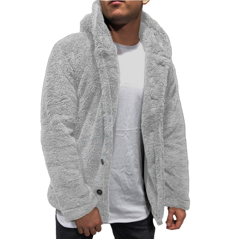 Men’s Hooded Plush Faux Fur Button Jacket