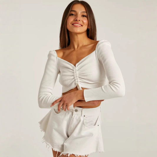 Women's Elegant Gathered Front Long Sleeve Blouse - BritishElegance