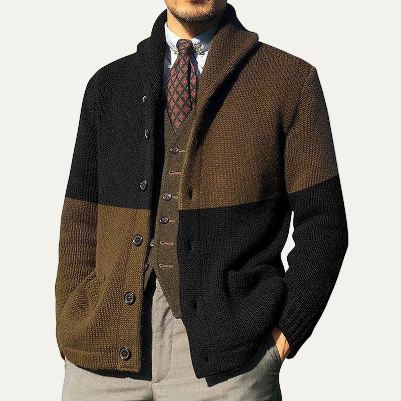 Men’s Fashionable Color Block Shawl Collar Cardigan