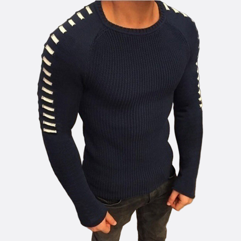 Men’s Ribbed Crewneck Sweater With Shoulder Stripe Detailing
