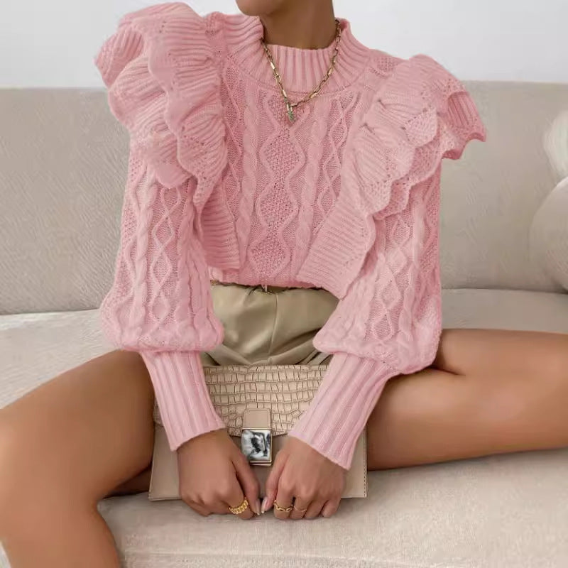 Feminine Ruffled Knit Women's Long Sweater