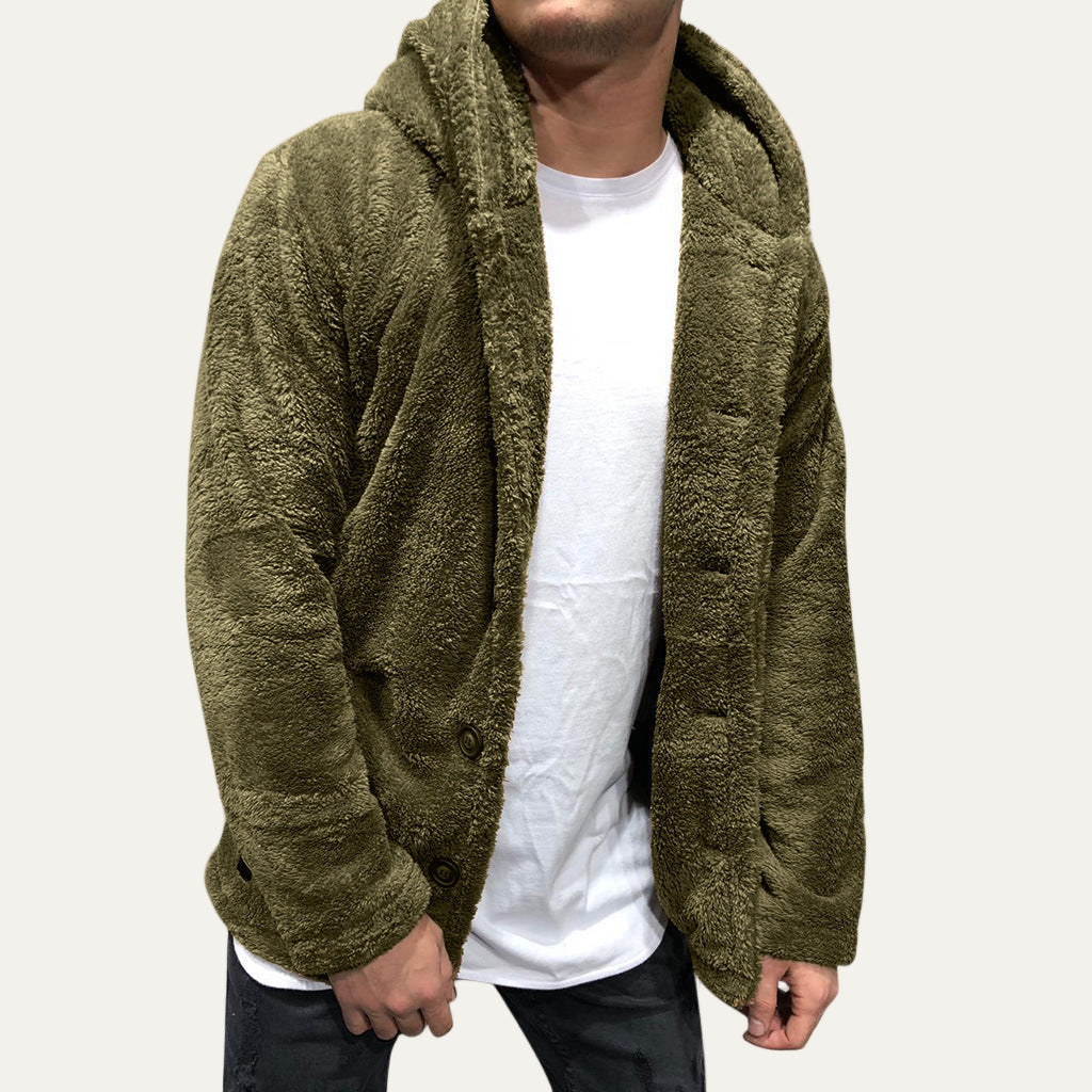 Men’s Plush Fleece Hooded Button Jacket