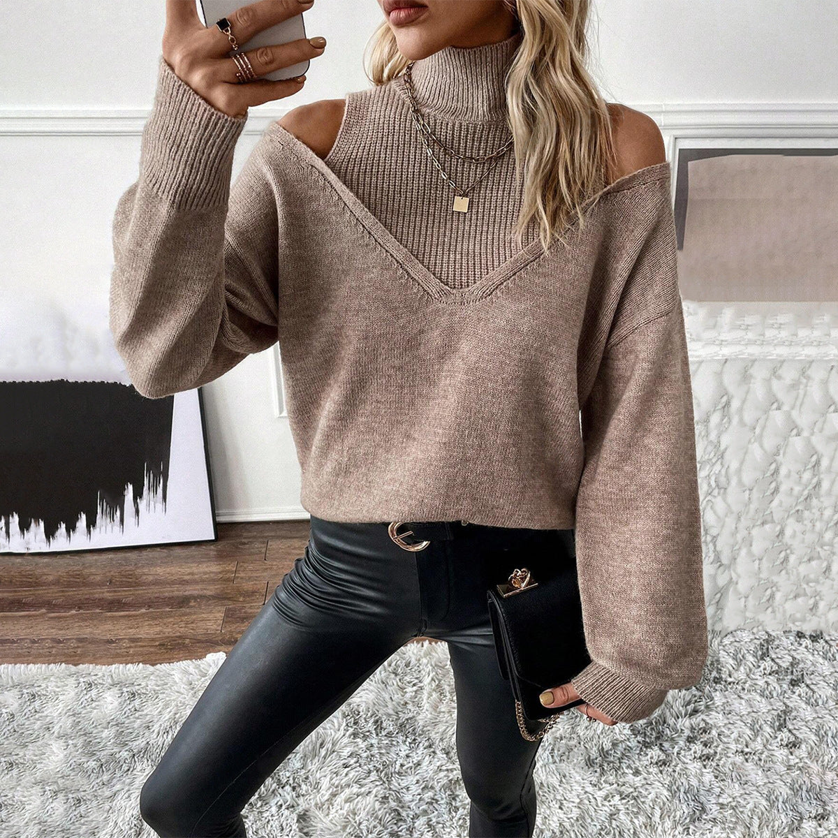 Chic Off Shoulder Winter Turtleneck Sweater - BritishElegance