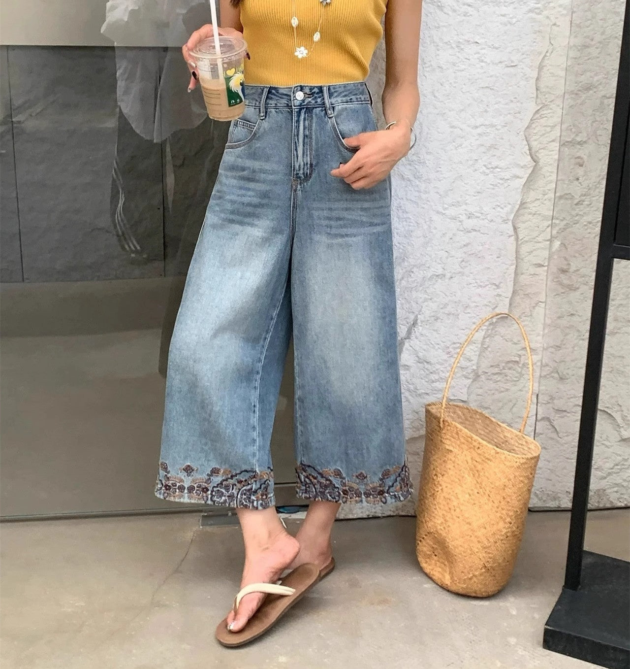 Ladies Loose Fit Floral Denim Jeans