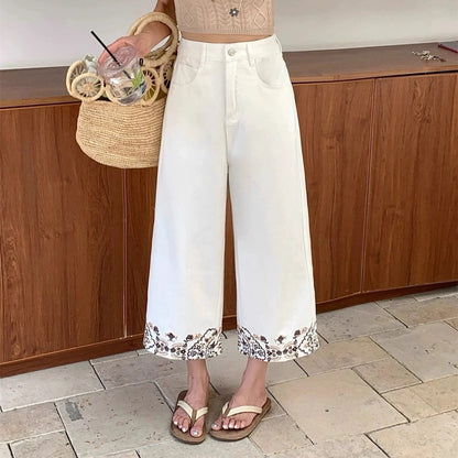 Ladies Loose Fit Floral Denim Jeans