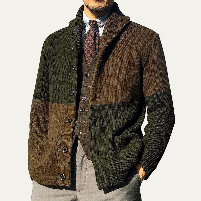 Men’s Fashionable Color Block Shawl Collar Cardigan