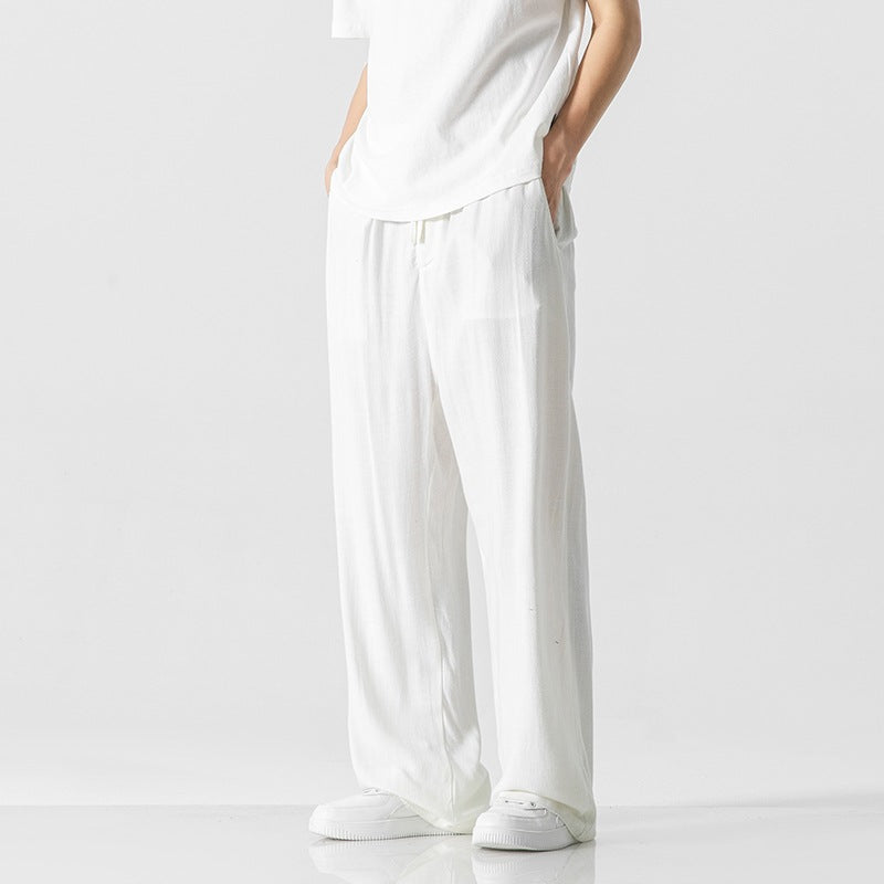 Relaxed Fit Men's Cotton Trousers with Elastic Waist