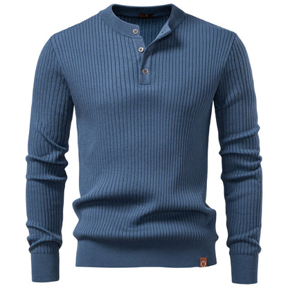Men’s Ribbed Knit Henley Stand Neck Sweater