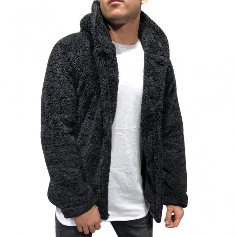 Men’s Hooded Plush Faux Fur Button Jacket