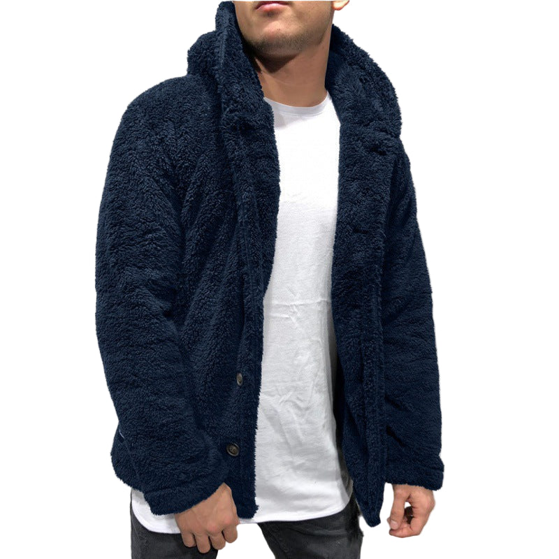 Men’s Hooded Plush Faux Fur Button Jacket