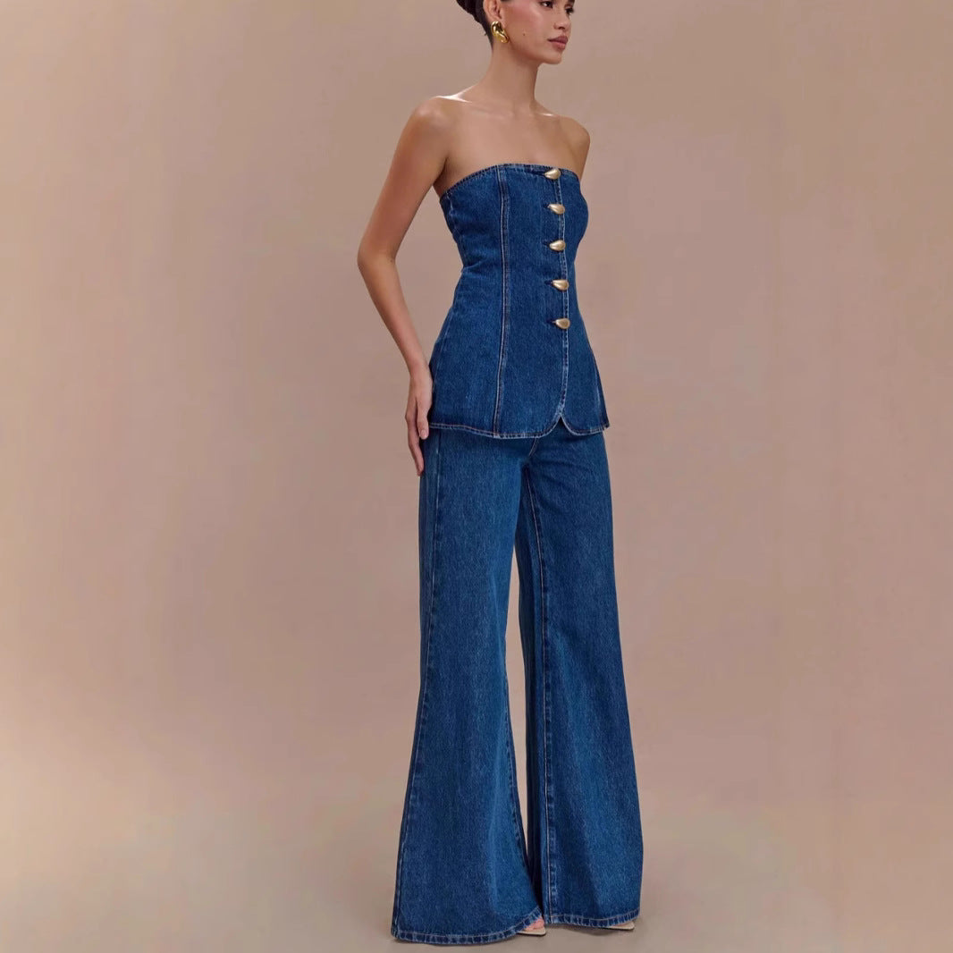 Casual Blue Jeans Outfit: Women's Off-Shoulder Top Set - BritishElegance