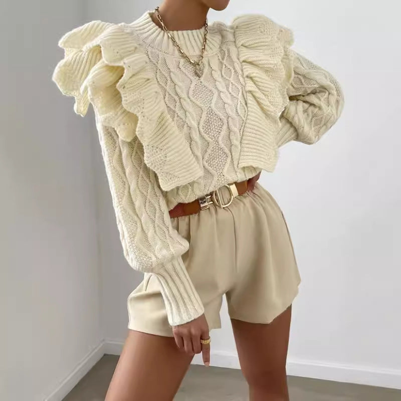 Feminine Ruffled Knit Women's Long Sweater - BritishElegance