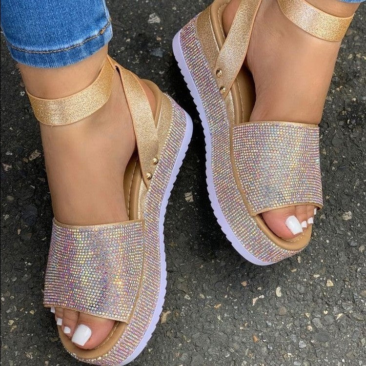 Glittery High Heel Platform Sandals - Thick Buckle Strap - BritishElegance